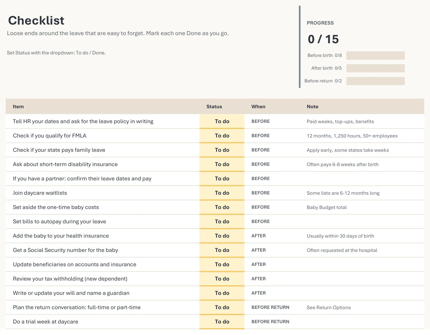 The Checklist tab of Baby & Leave Runway