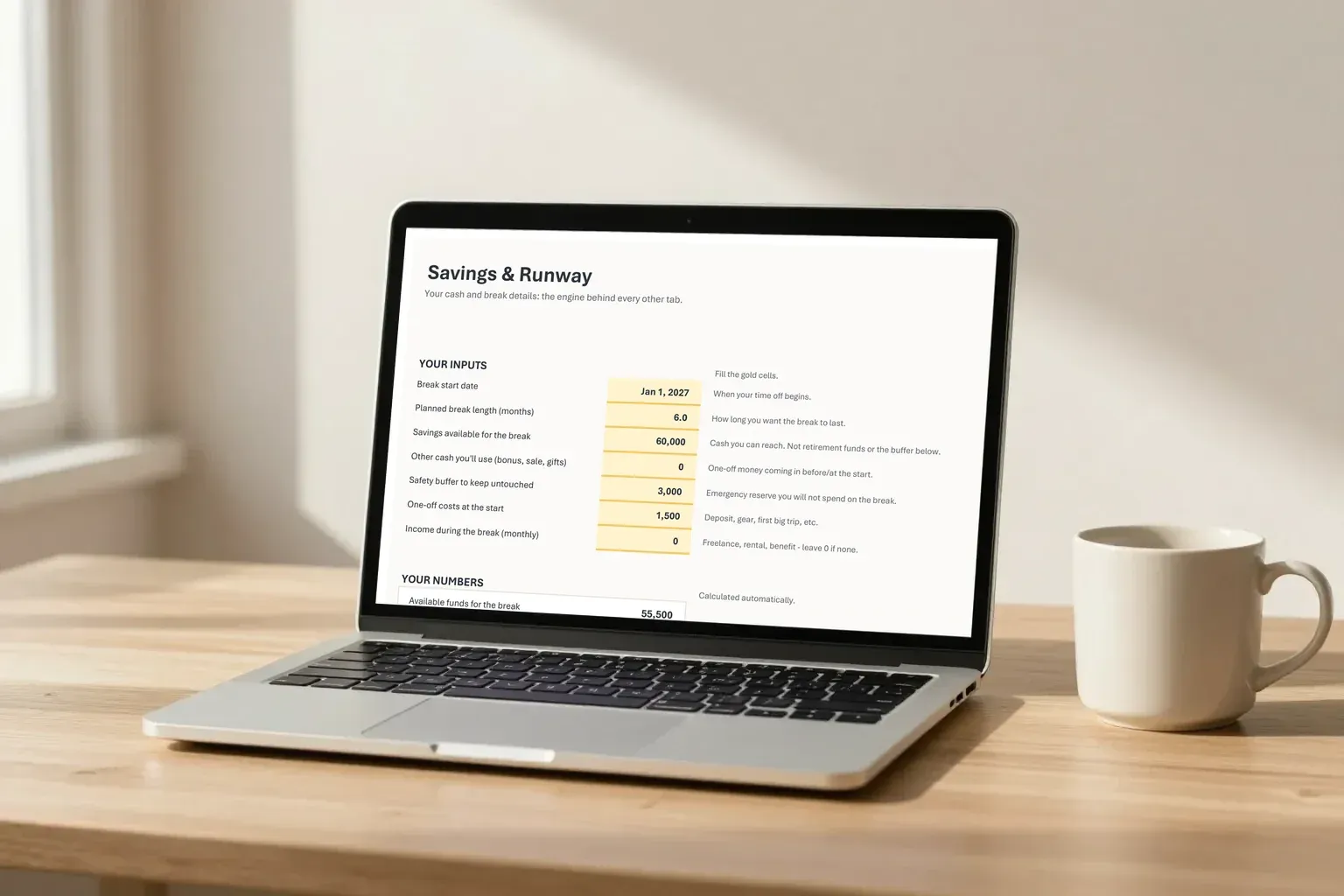 The Savings & Runway tab of Career Break Runway open on a laptop
